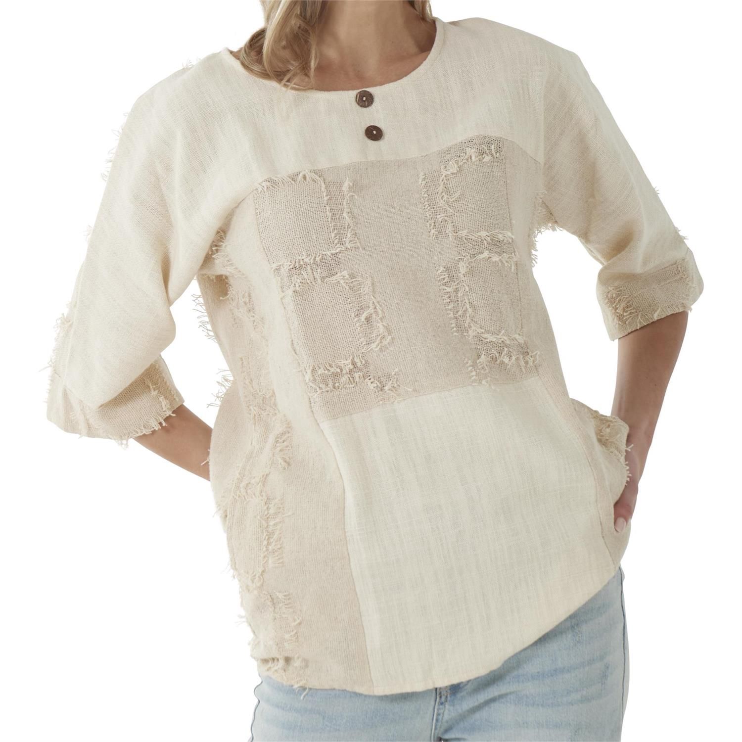 Crosstree Lanes Beige Linen Fringe Squares Tunic