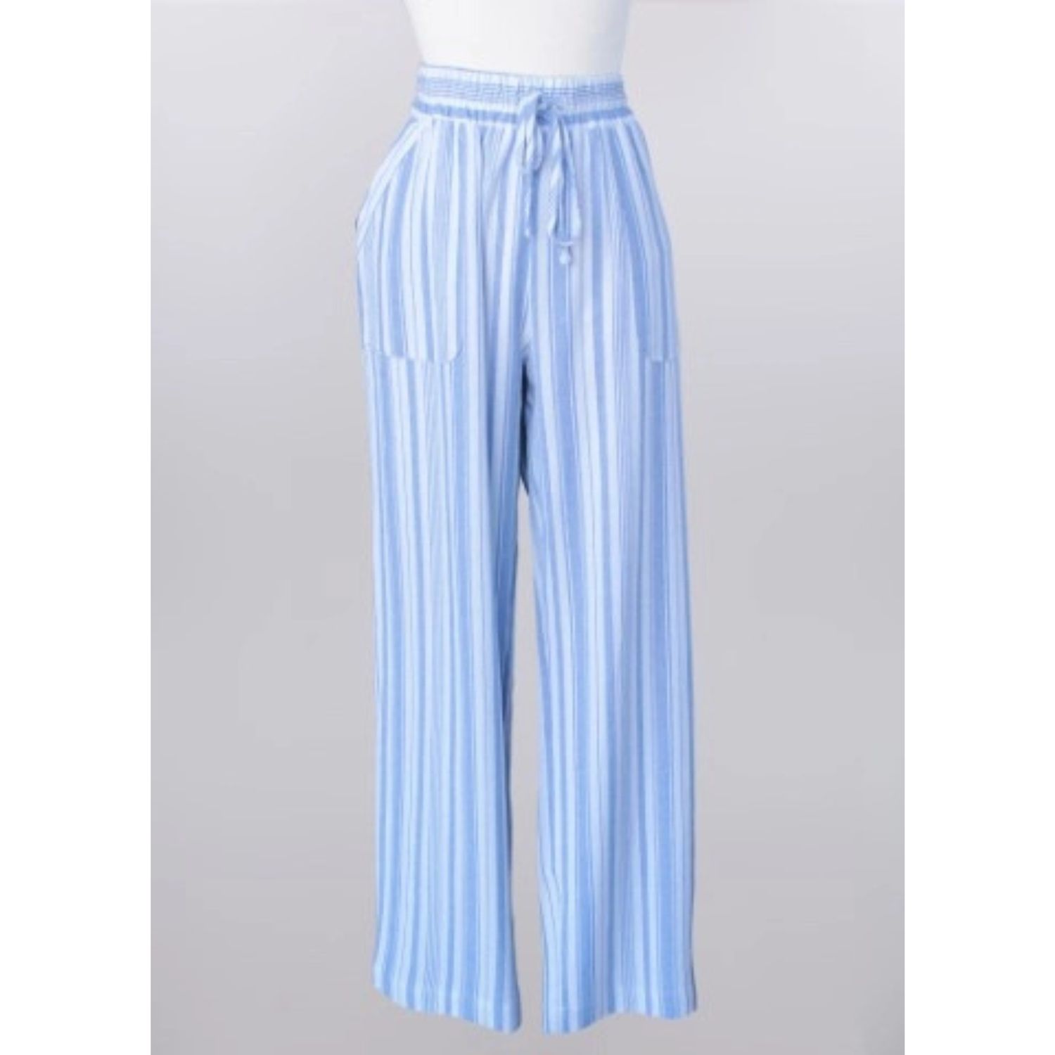 Keren Hart White &amp; Blue Striped Wide Leg Drawstring Pants