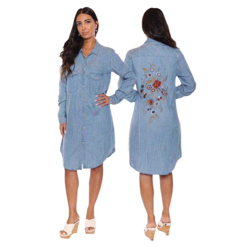 Papa Fashions Light Blue Long Sleeve Floral Back Denim Dress