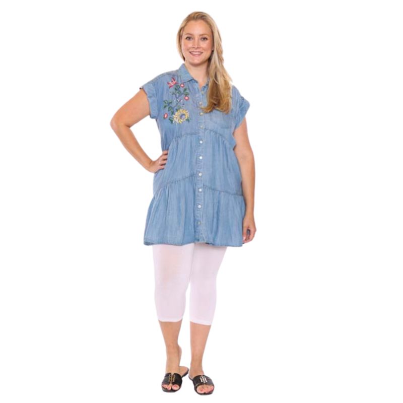Papa Fashions Floral Embroidered Button Up Denim Dress