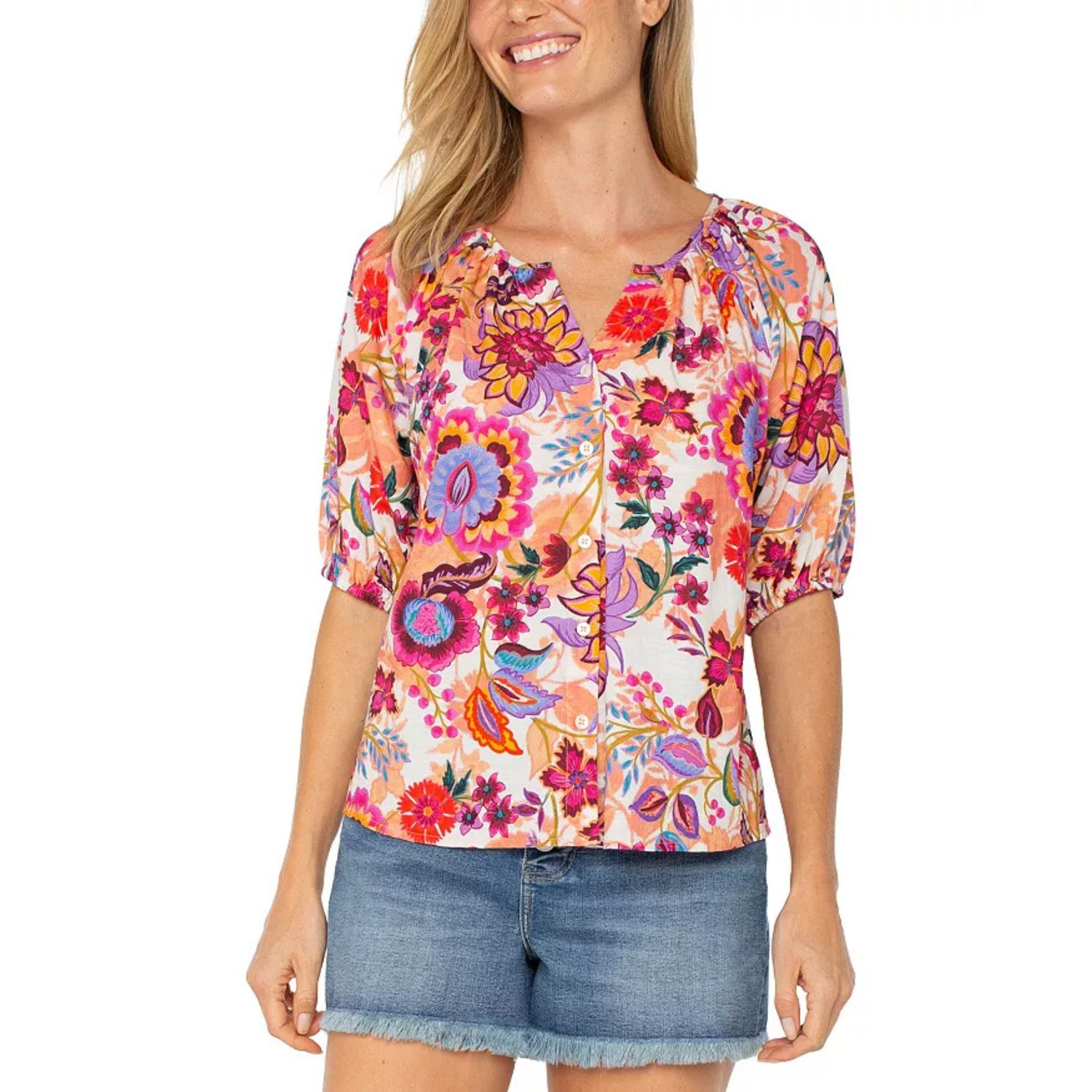 Liverpool Flower Papaya Short Sleeve Button Up Blouse