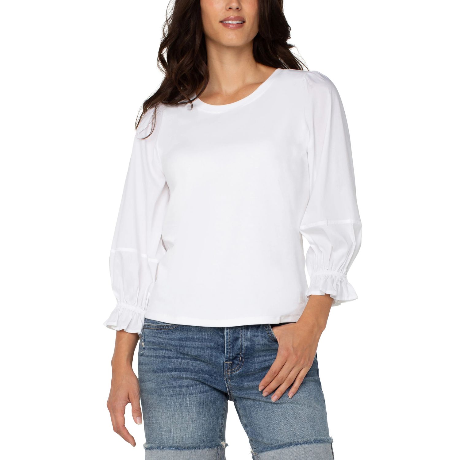 Liverpool White 3/4 Blouson Sleeve Knit To Woven Top