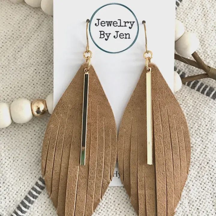 Weathered Tan Fringe &amp; Gold Bar Earrings