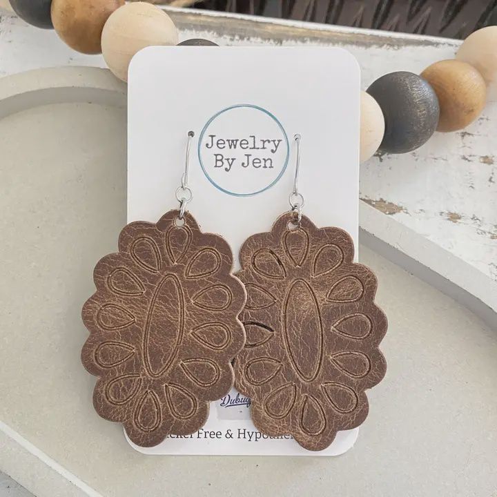 Concho Cowboy Brown Leather Earrings