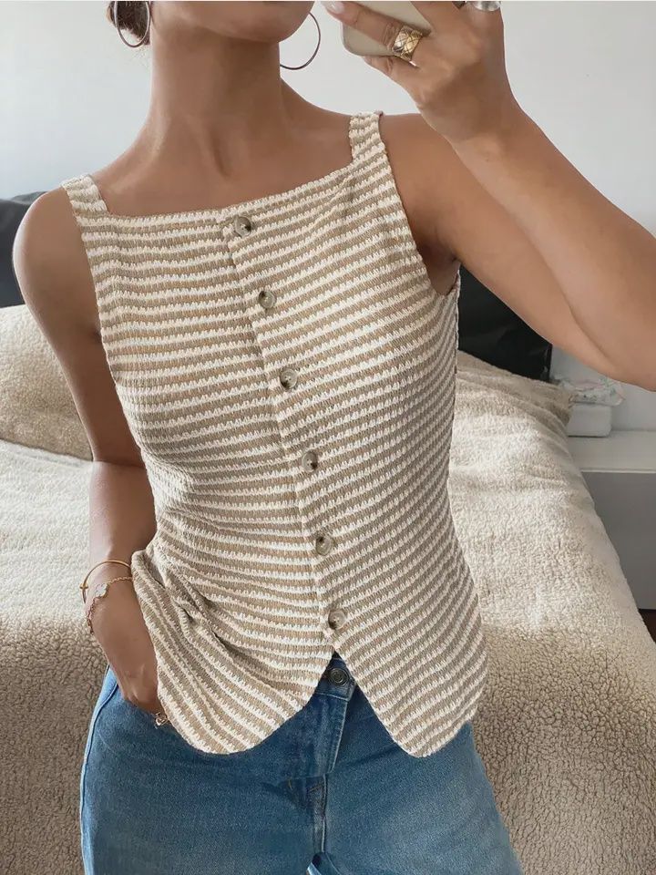 Sleeveless Striped Button Up Vest Top