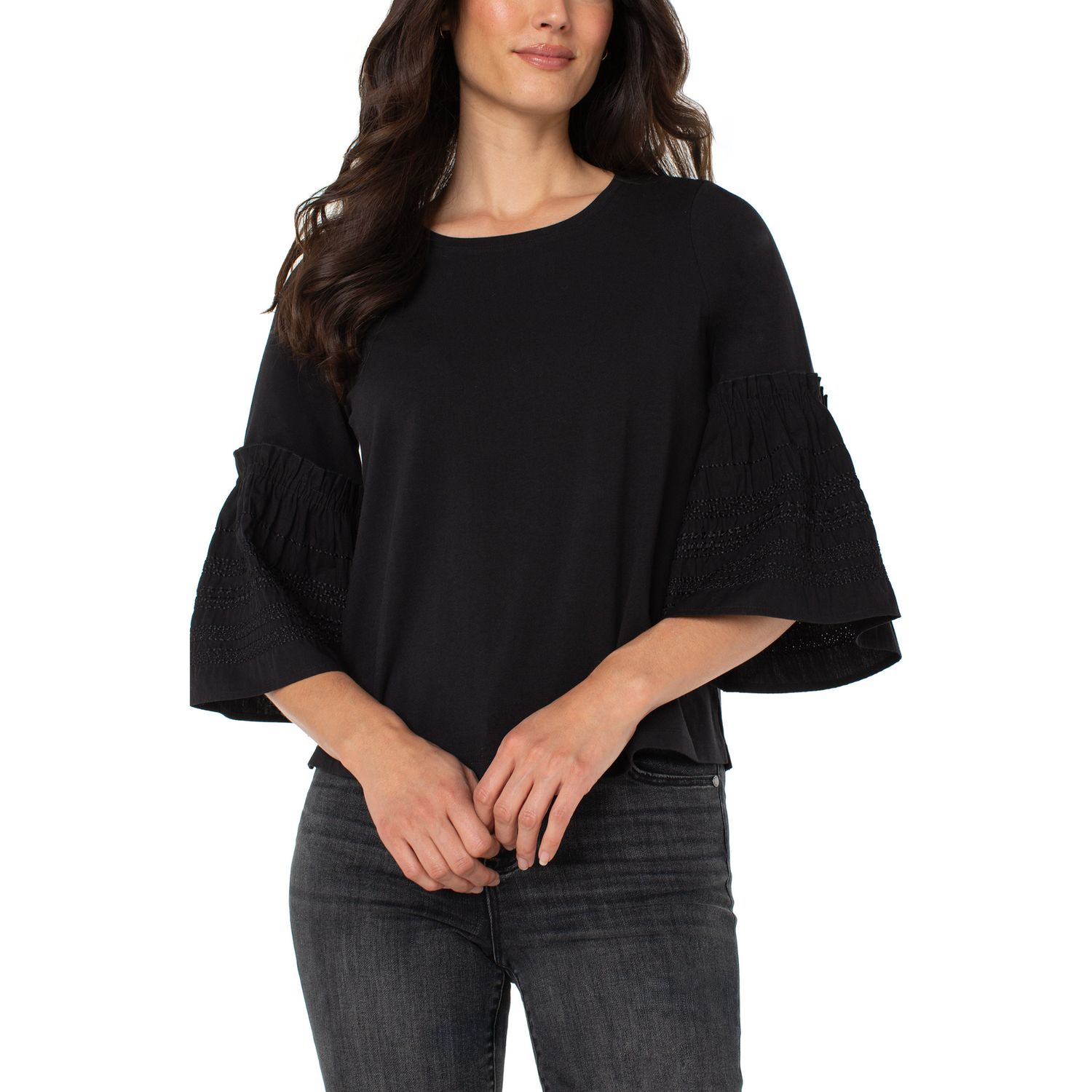 Liverpool Black 3/4 Bell Sleeve Embroidered Shirt