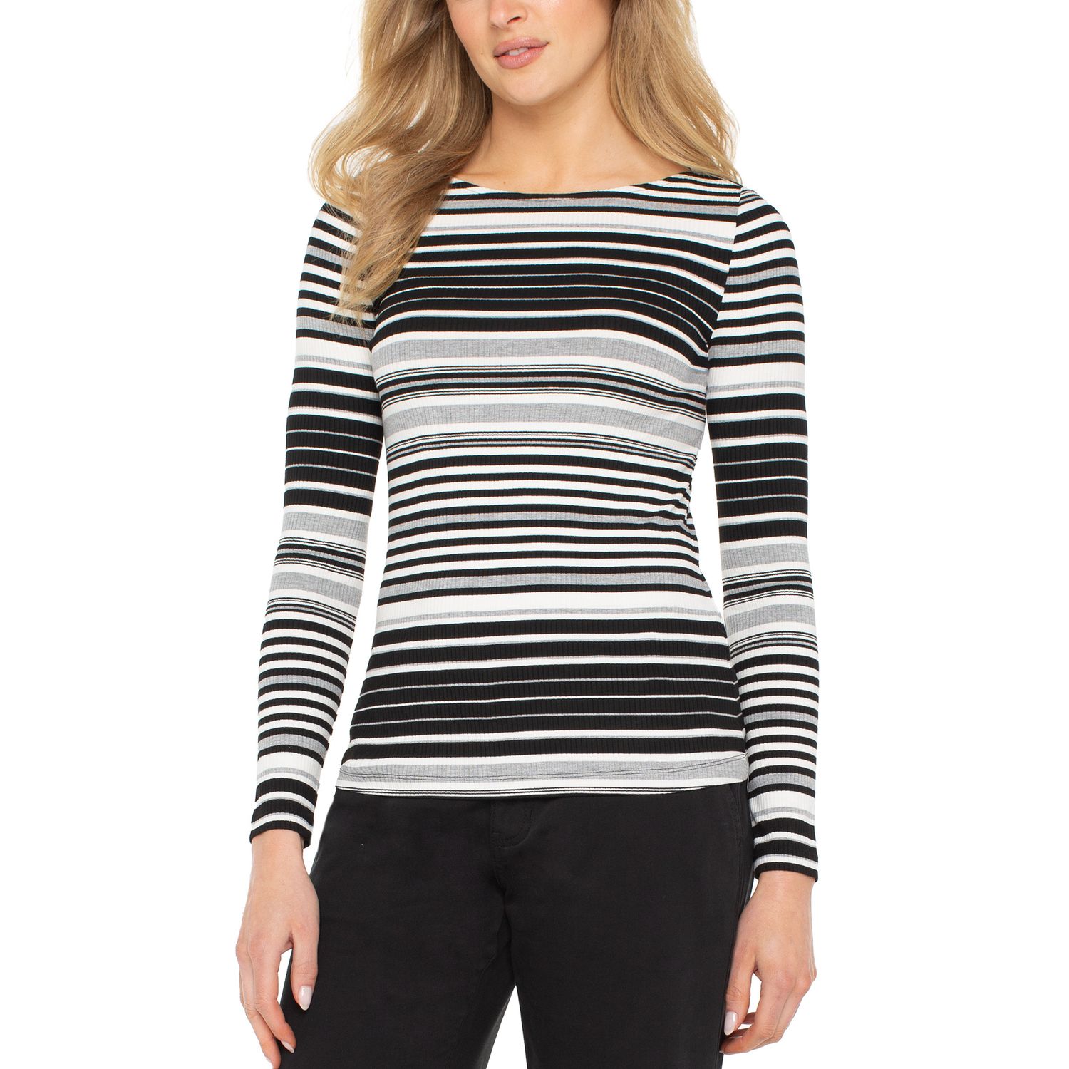 Long Sleeve Boat Neck Black/White Stripe Shirt
