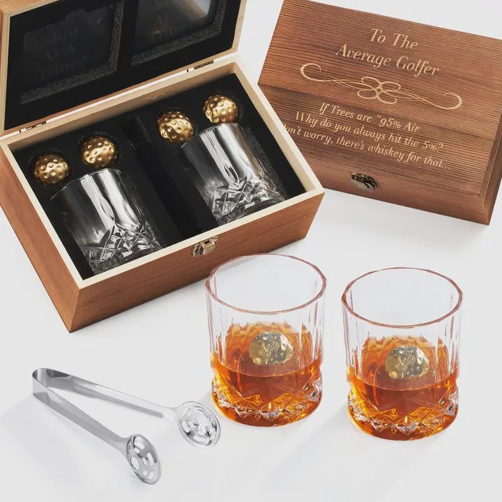 Golf Ball Whiskey Chiller and Glasses with Wooden Box