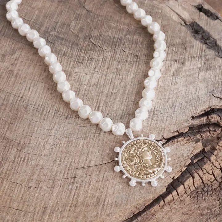 Boho Pearl Necklace With Coin Pendant