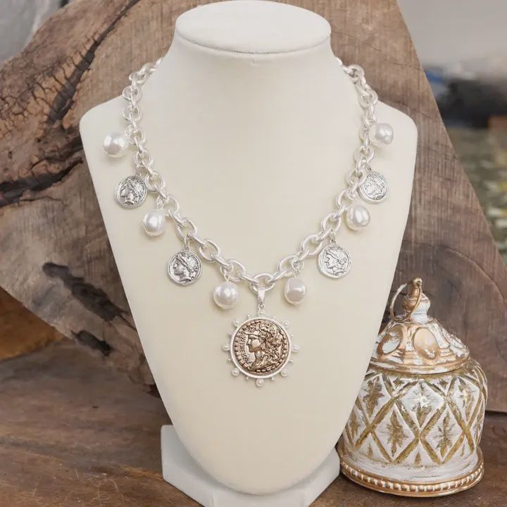 Boho Coin &amp; Pearl Pendant Silver Necklace