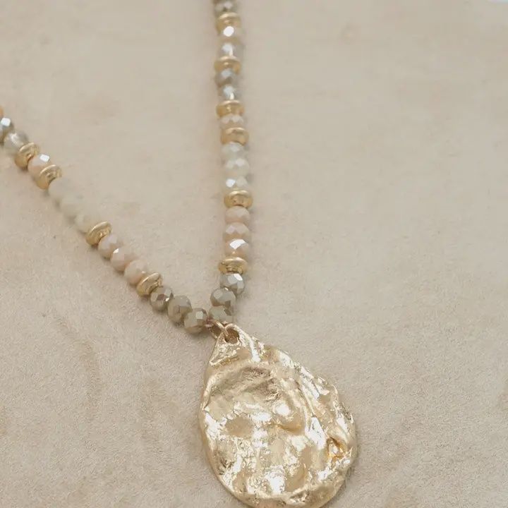 Long Beaded Necklace With Golden Teardrop Pendant