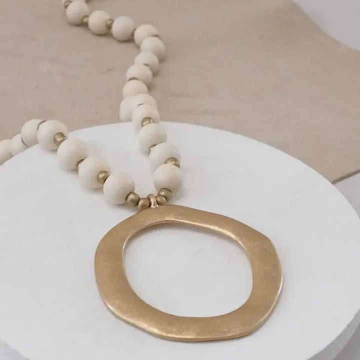 Long Wooden Cream Bead Necklace