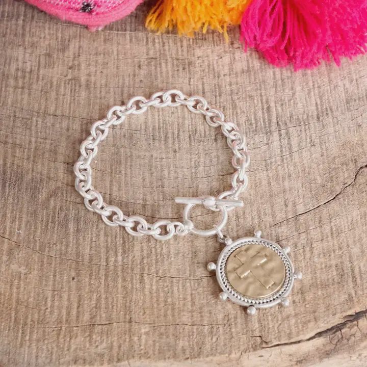 Cross Coin Chain Toggle Bracelet