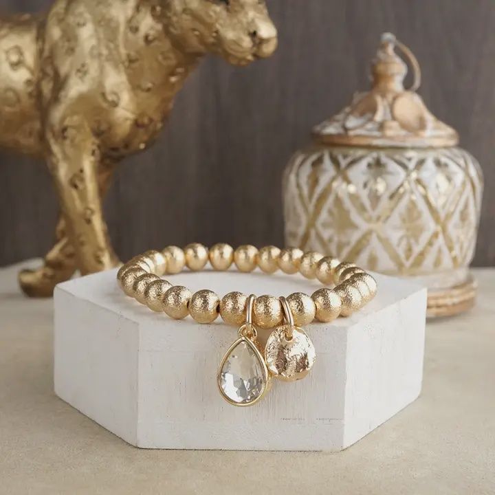 Gold Tone Bead &amp; Gem Stretch Bracelet