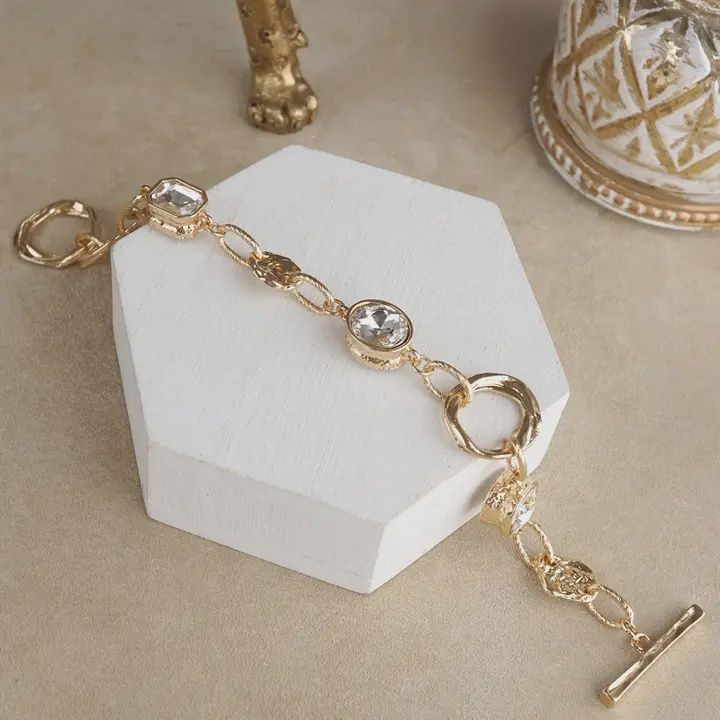 Gold Tone &amp; Gem Toggle Bracelet