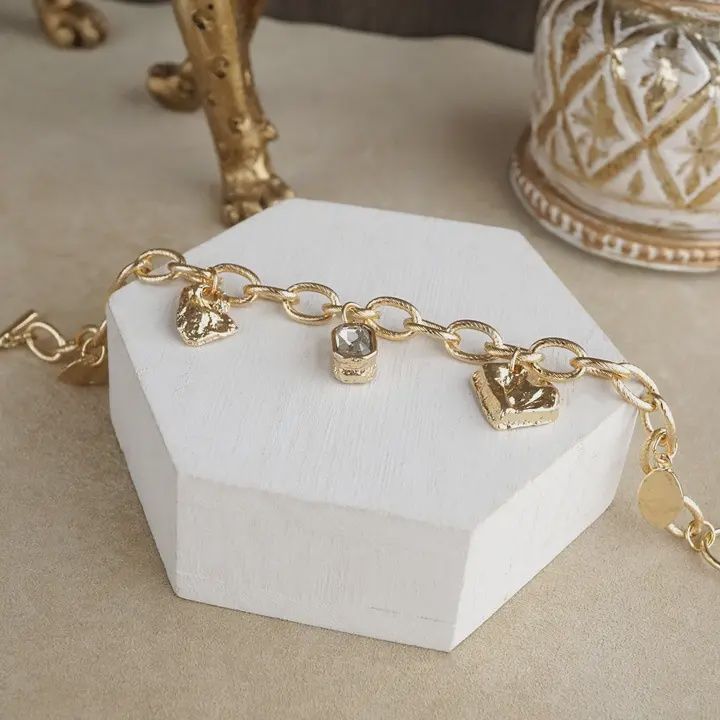 Gold Tone Dangle Gems Toggle Bracelet