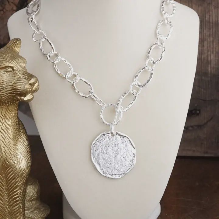Silver Hammered Disk Front Toggle Necklace