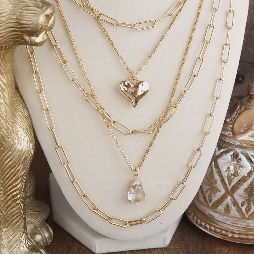 Layered Necklace with Hammered Heart &amp; Teardrop Gem