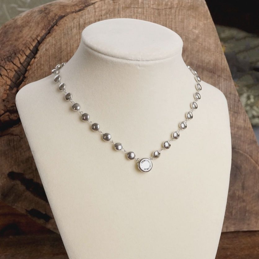 Clear Crystal Bezel Pendant Dot Chain Neckline Necklace, Colour: Silver Tone