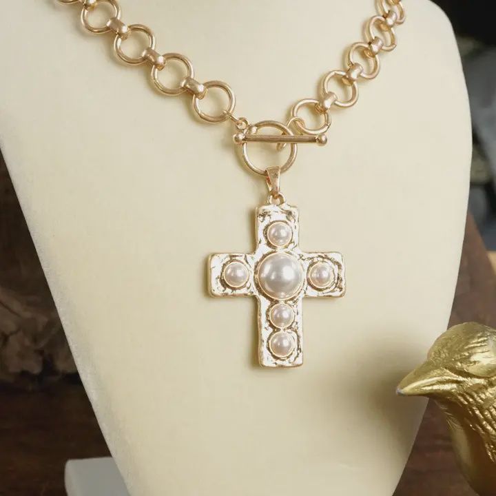 Primitive Cross Gold Tone Necklace