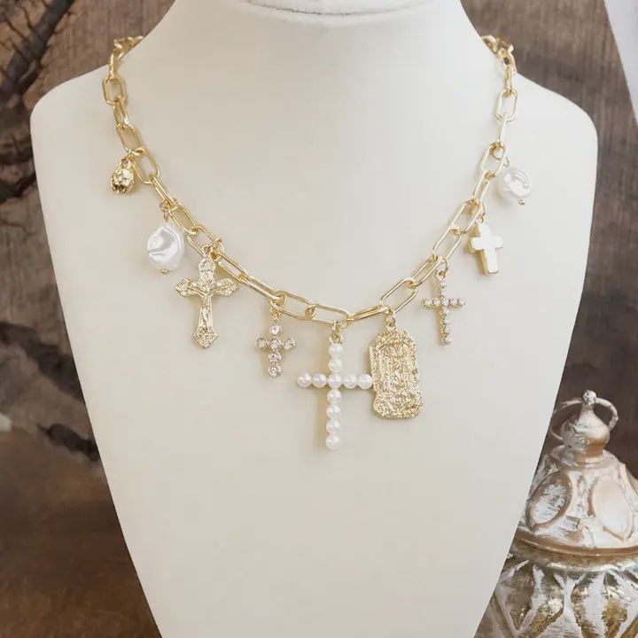 Radiant Faith Mixed Cross Charm Gold Tone Necklace
