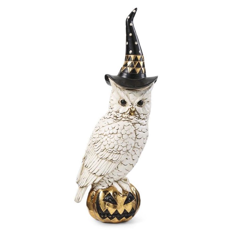 14&quot; White &amp; Gold Witch Hat Owl On Gold Pumpkin