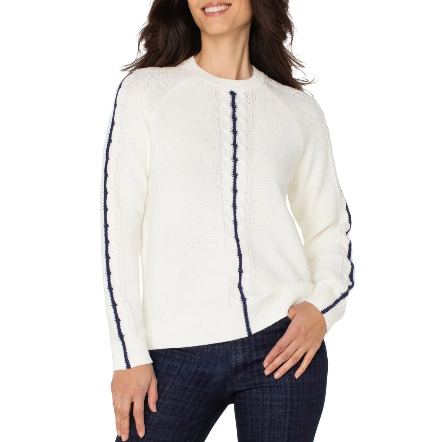 Liverpool Whisper White &amp; Navy Crew Neck Sweater