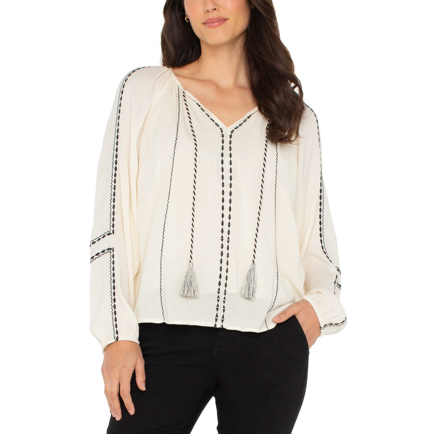 Liverpool Cream &amp; Black Long Sleeve Woven Embroidered Top