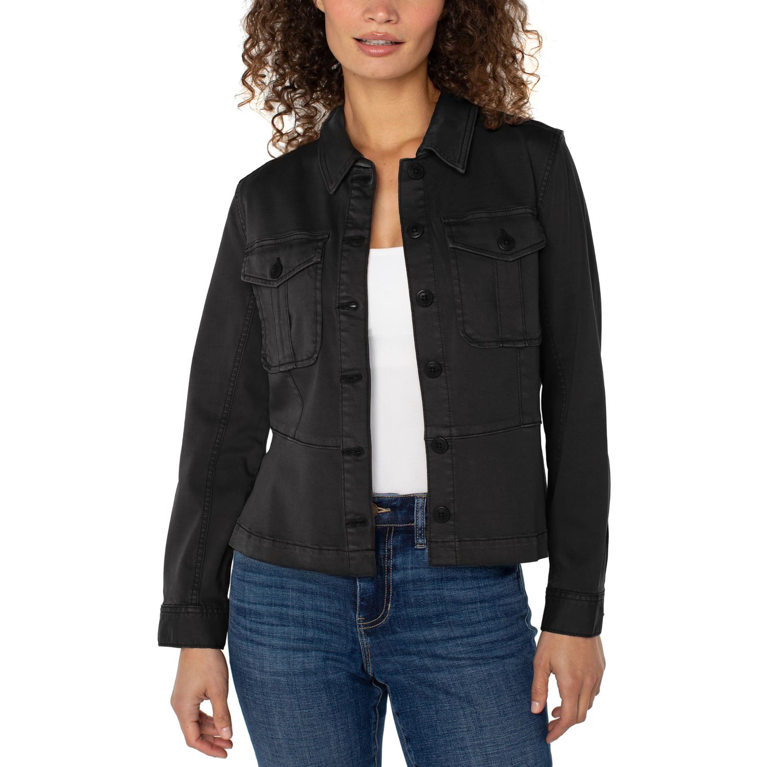 Liverpool Onyx Black Peplum Hem Trucker Jacket