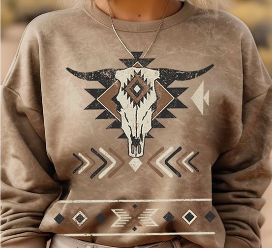 Heart &amp; Love Cow Skull Aztec Mineral Tan Sweatshirt