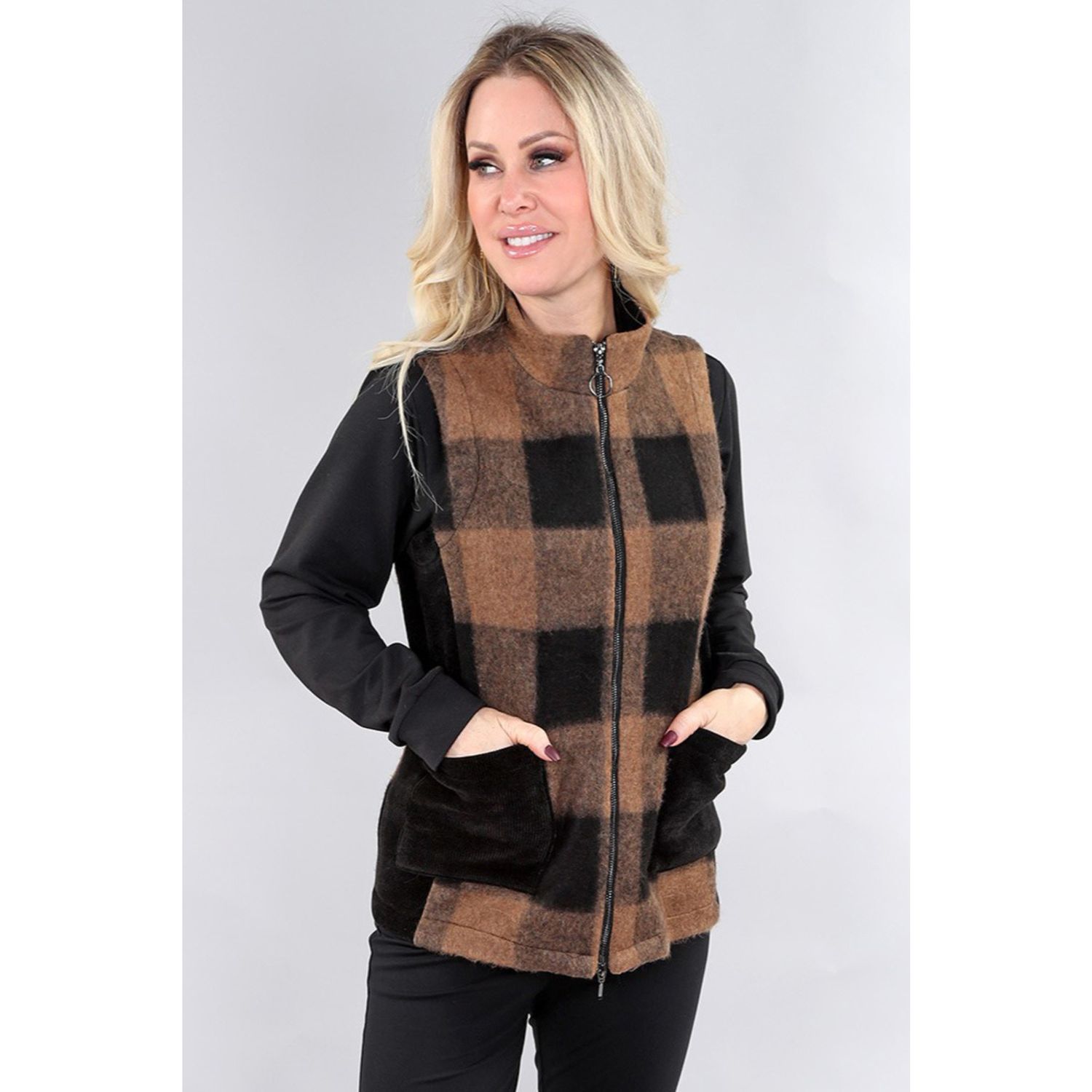 Michael Tyler Coffee Brown Plaid Sleeveless Vest