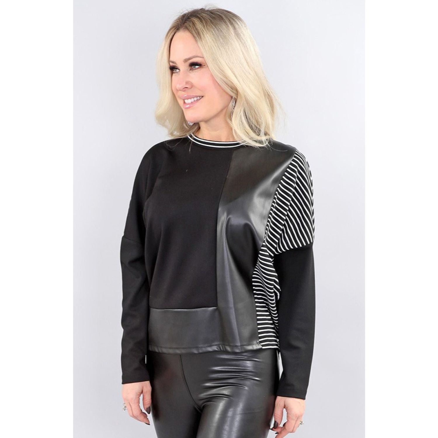 Michael Tyler Striped Faux Leather Long Sleeve Top