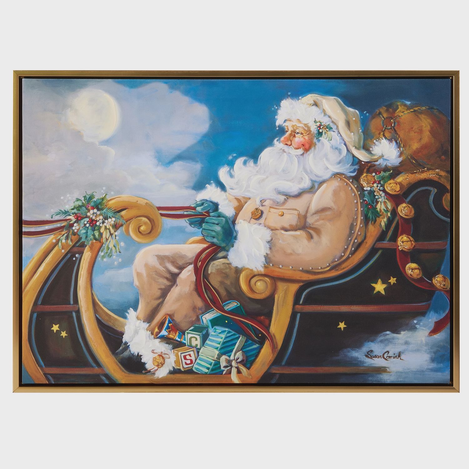 Moonlit Santa In Sleigh Framed Wall Art