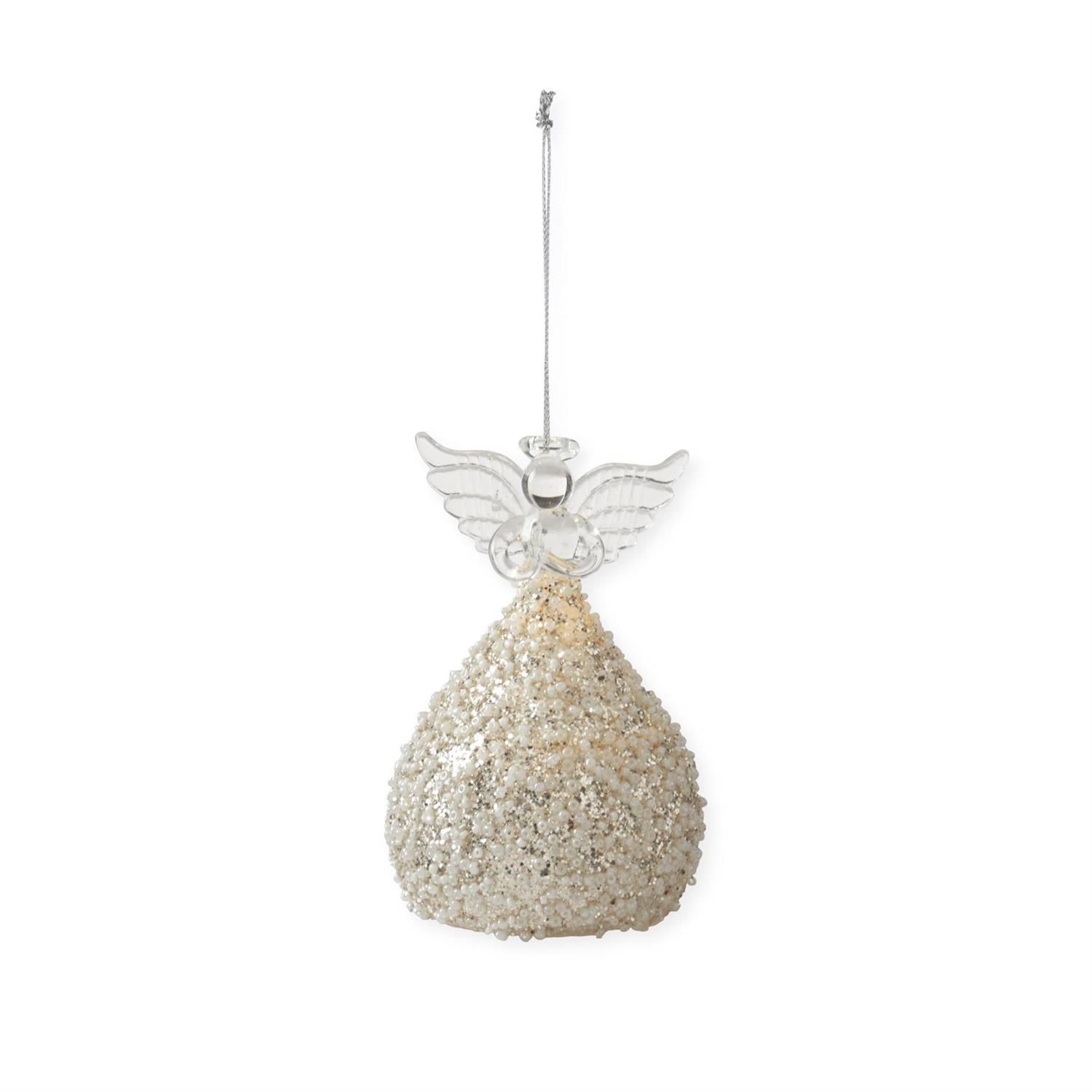 Gold Glittered &amp; White Seed Bead LED Angel Ornament