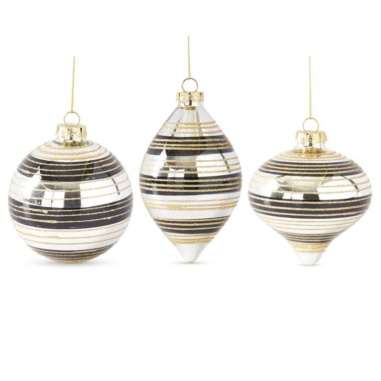 Mirrored Black &amp; Gold Glittered Stripes Ornaments