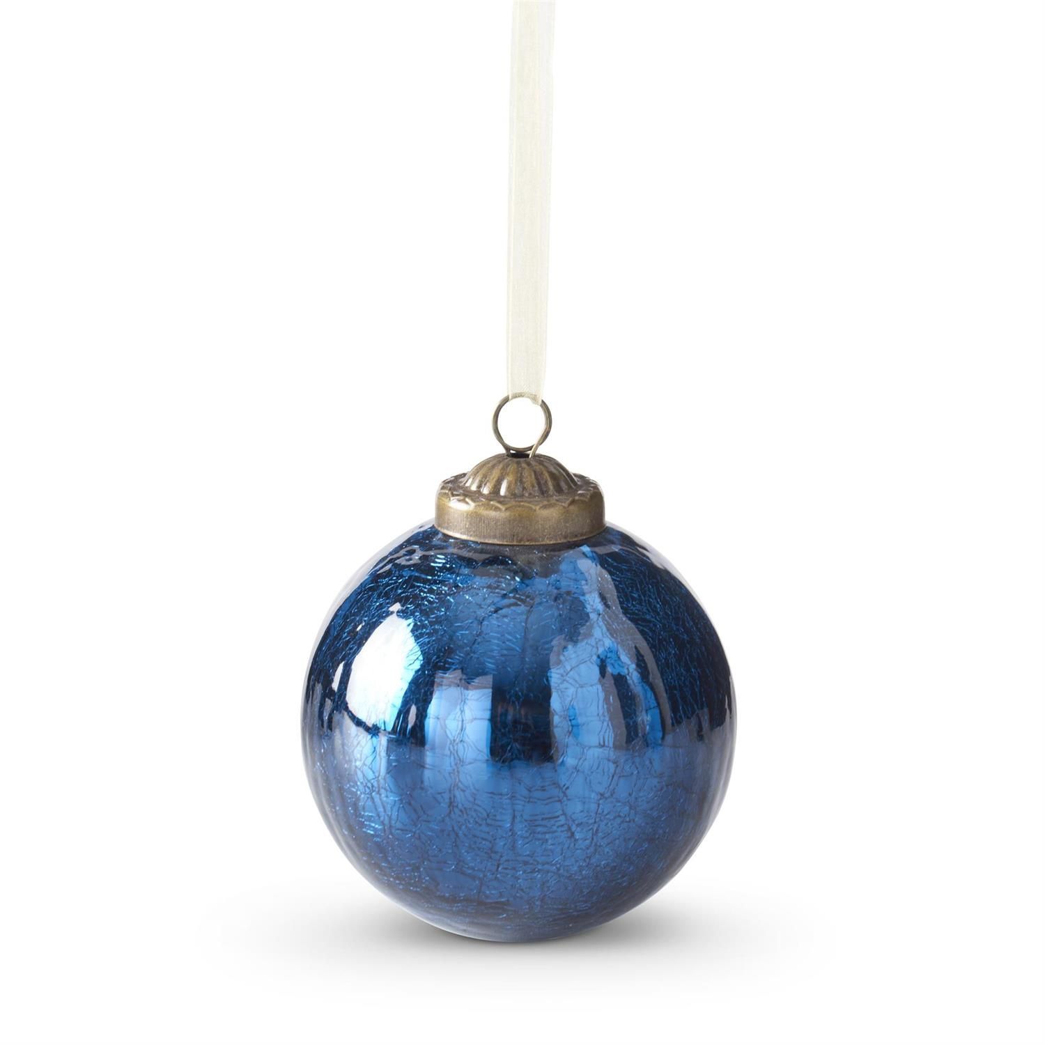 3&quot; Mirrored Blue Crackled Glass Ornaments