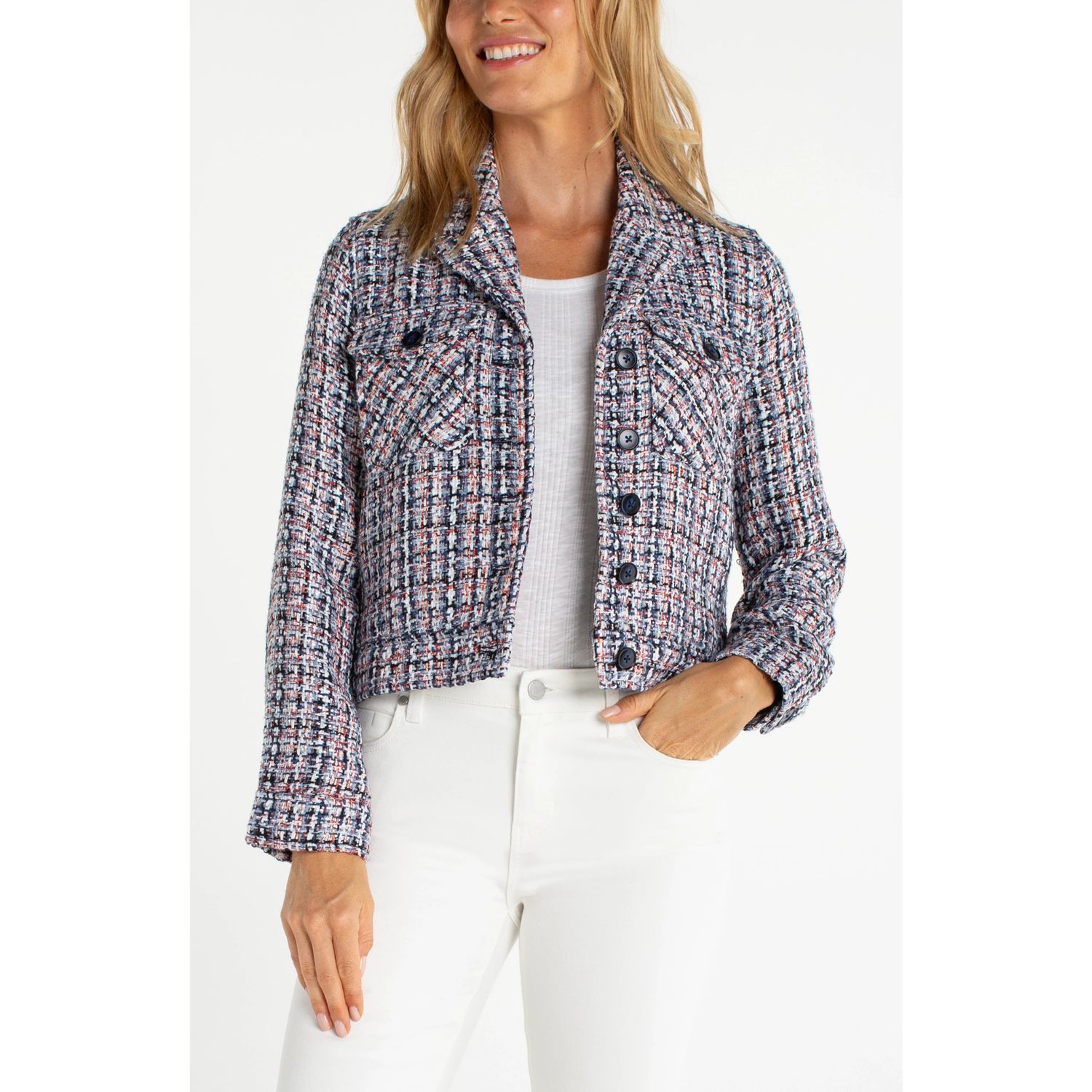 Liverpool Multi Color Plaid Boucle Button Front Jacket