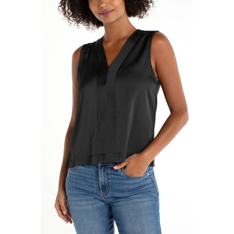 Liverpool Black Sleeveless V-Neck Woven-to-Knit Top