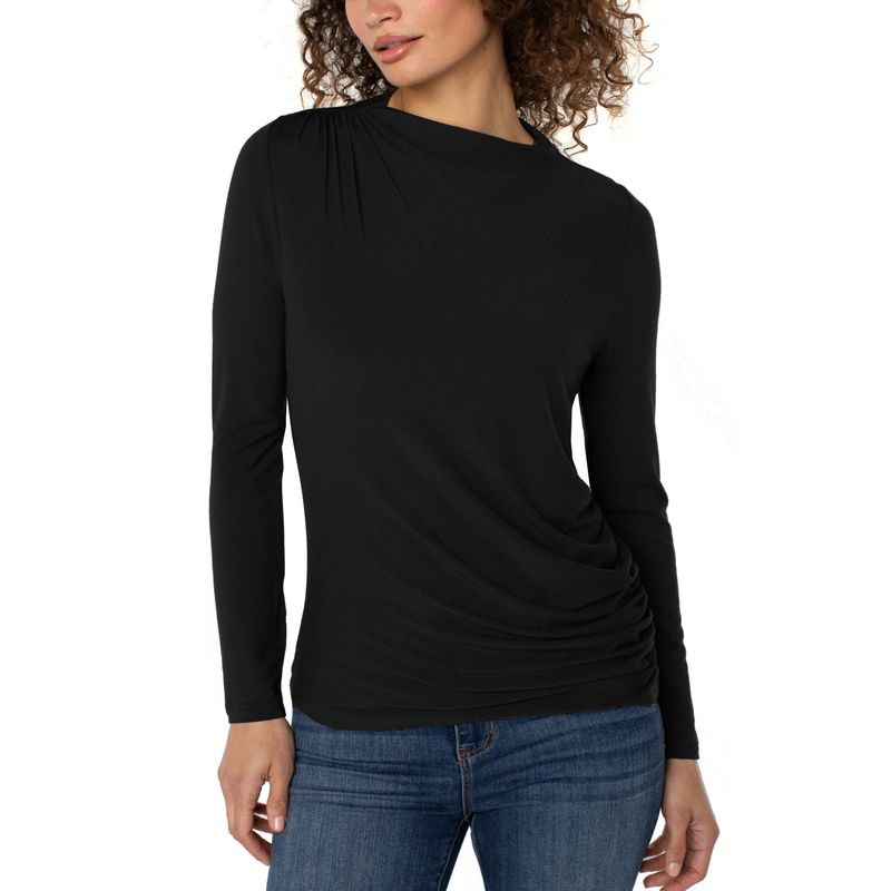 Liverpool Black Long Sleeve Mock Neck Ruched Shirt