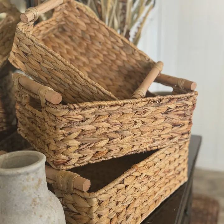 Wood Handle Rectangular Woven Baskets