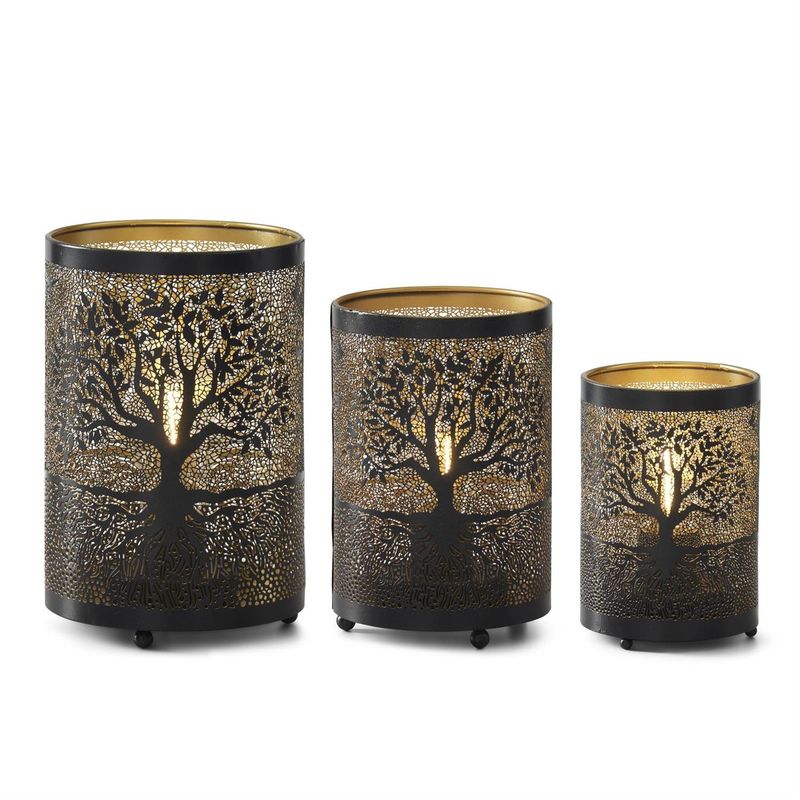 Black &amp; Gold Interior Tree Cutout Metal LED Timer Lantern