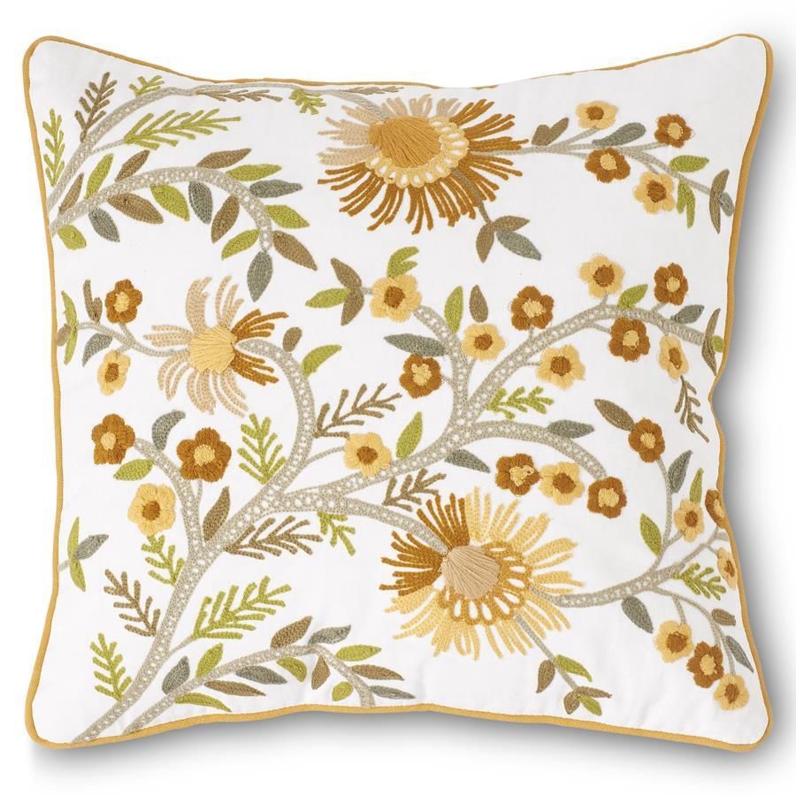 16" Yellow Embroidered Botanicals Pillow