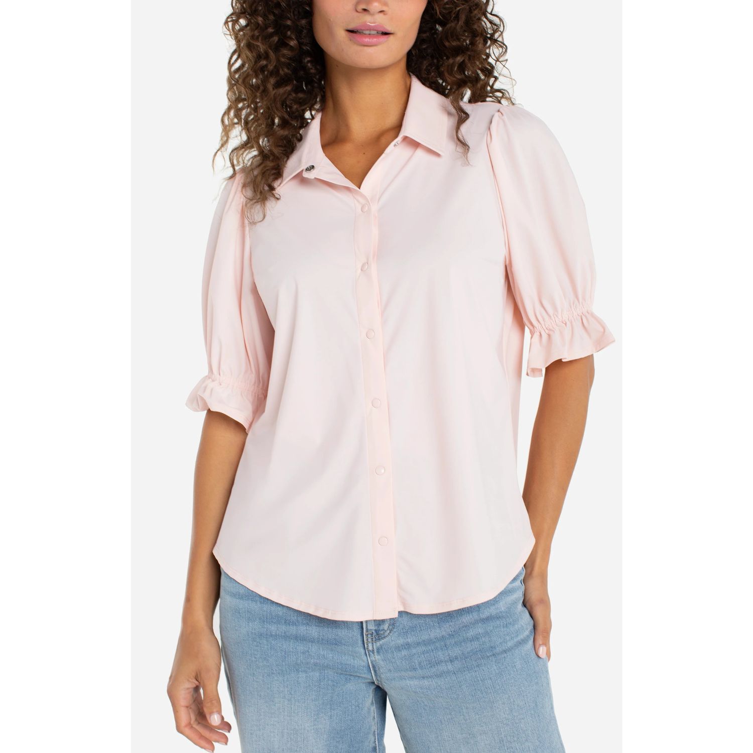 Liverpool Light Pink Elbow Puff Sleeve Snap Front Shirt