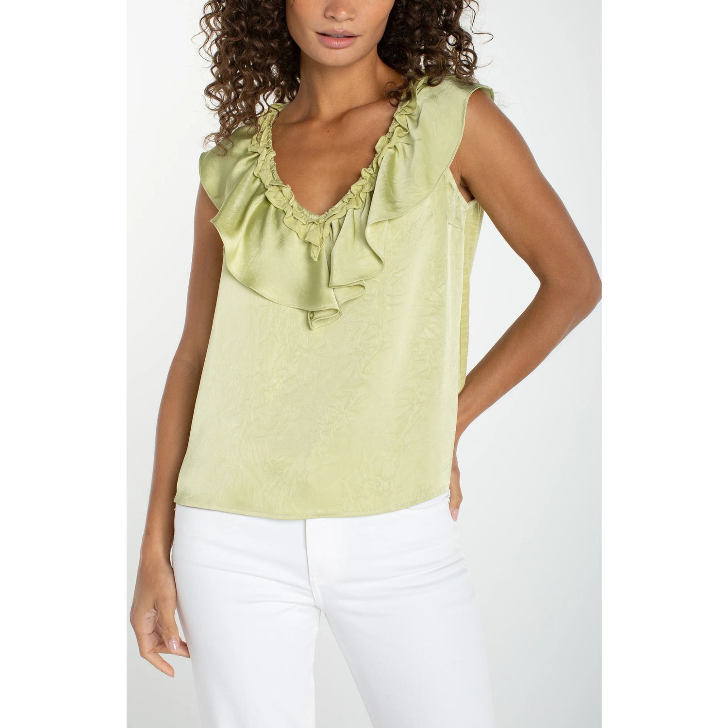 Liverpool Lime Crema Green Ruffle Front Sleeveless Woven-To-Knit Top
