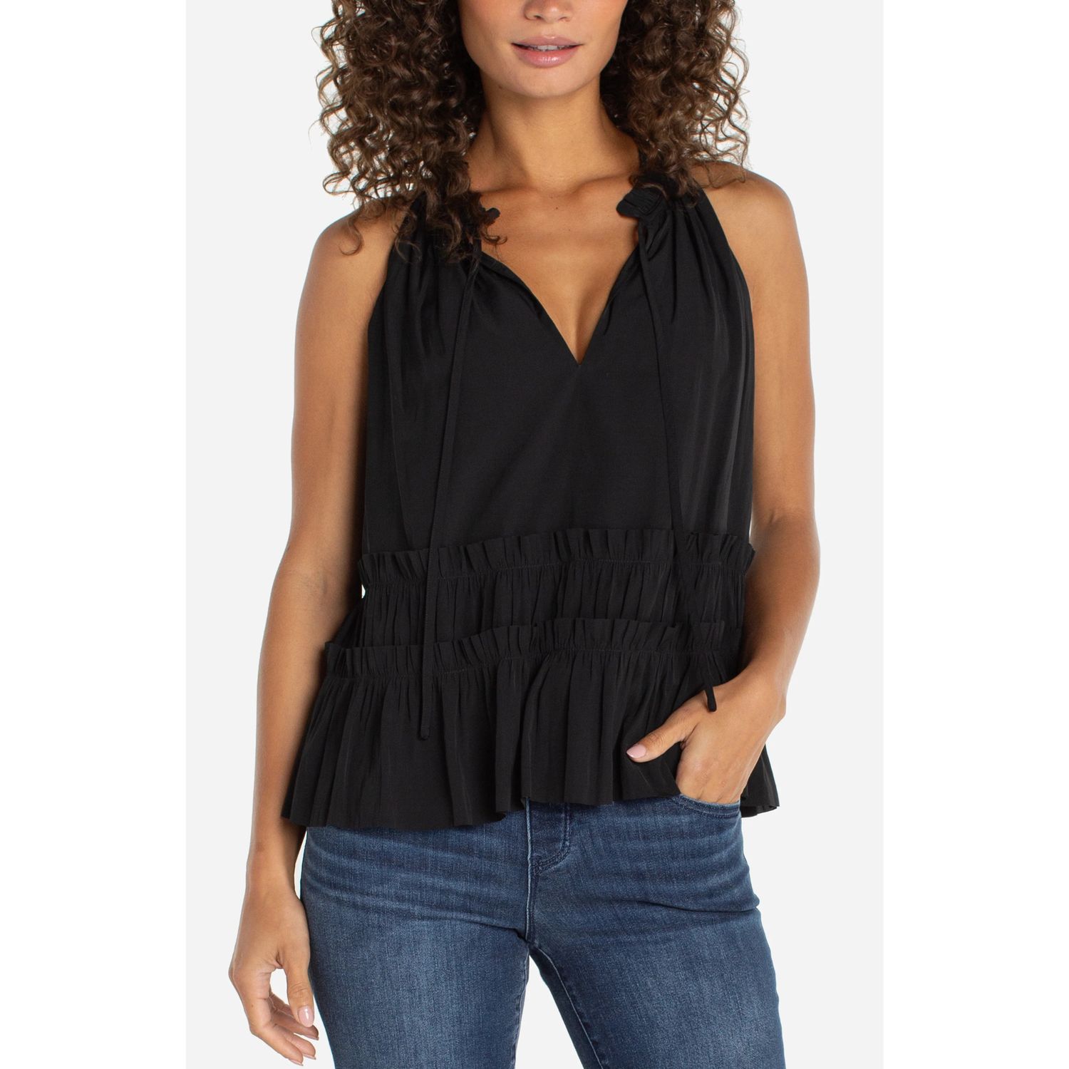 Liverpool Black Sleeveless Woven Top With Ruffles