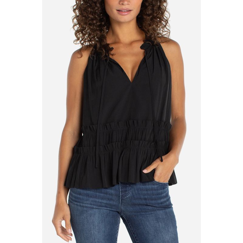 Liverpool Black Sleeveless Woven Top With Ruffles