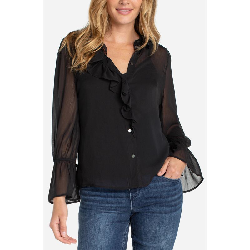 Liverpool Long Sleeve Ruffle Front Woven Shirt