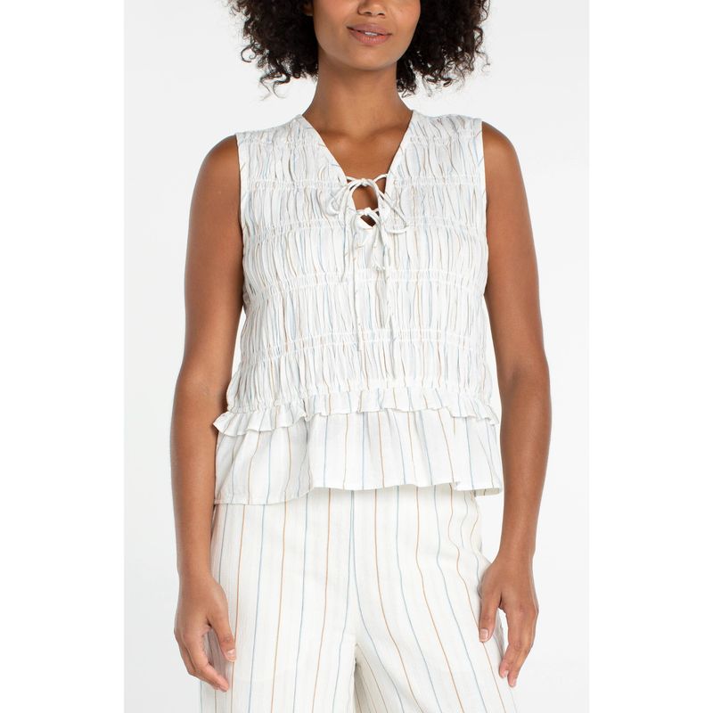 Liverpool Cream &amp; Blue Multi Stripe Sleeveless Tie Front Woven Top