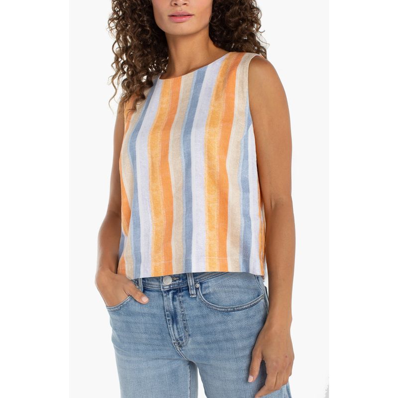 Liverpool Multi-Stripe Sleeveless Shell Top With Button Back