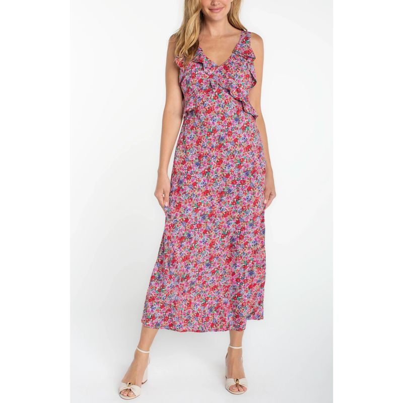Liverpool Pink Multi Floral Sleeveless Ruffle Front Woven Maxi Dress